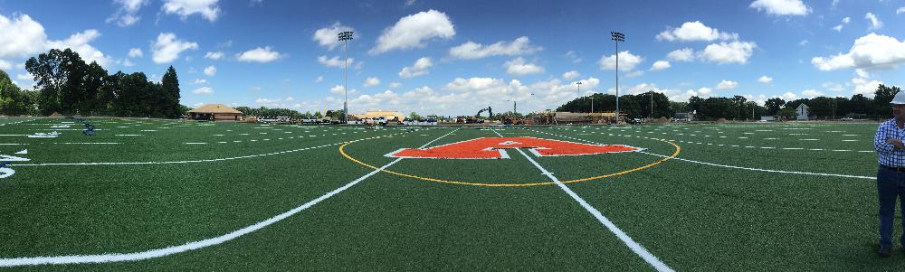 A in the middle of the artificial turf football field